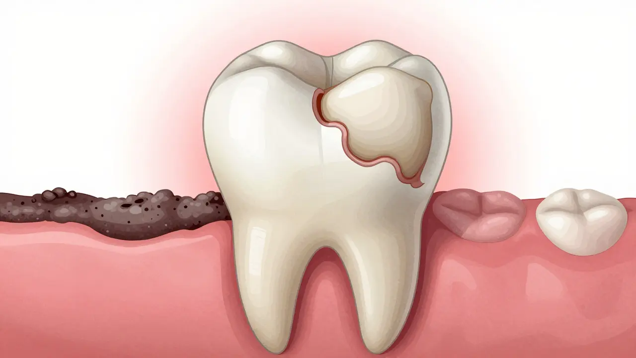 Zub s velkou náplní a zubním kamenem na dásni, s ukázkou zaniklé sklovinky.