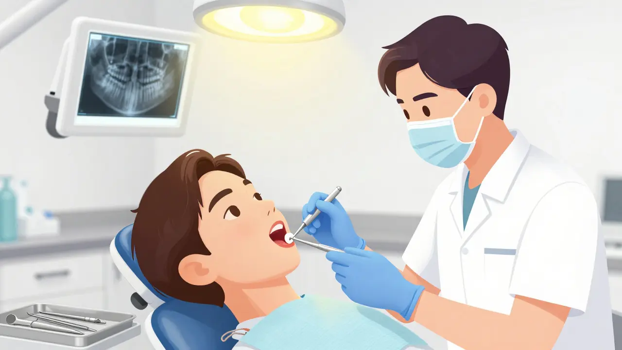 Zubní lékař vytrhává zub v klinice pod místní anestézií, sterilní nástroje a rentgen na pozadí.