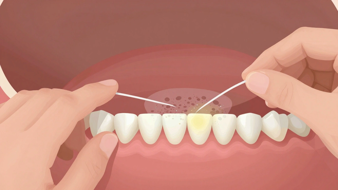Zubní nit odstraňuje plak mezi zuby, s podrobností přeměny plaku na kámen.