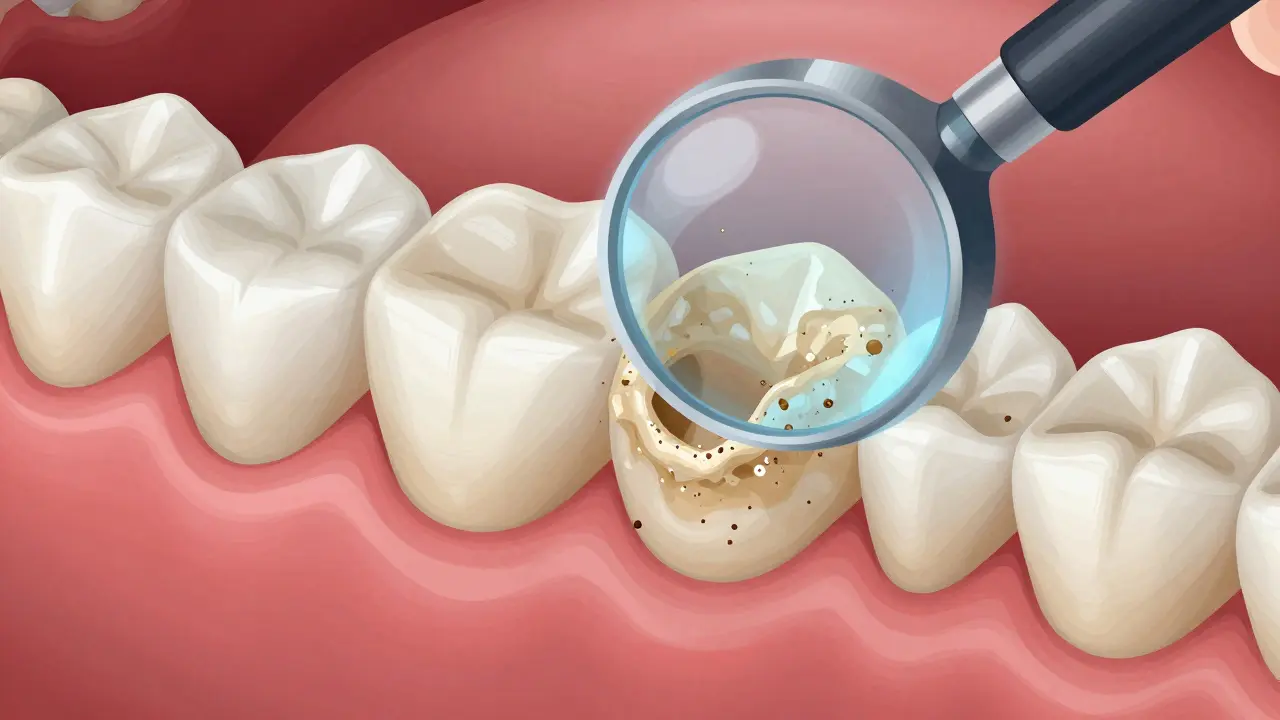 Zvětšený pohled na zubní sklovinu po odstranění zubního kamene a začátku mineralizace.