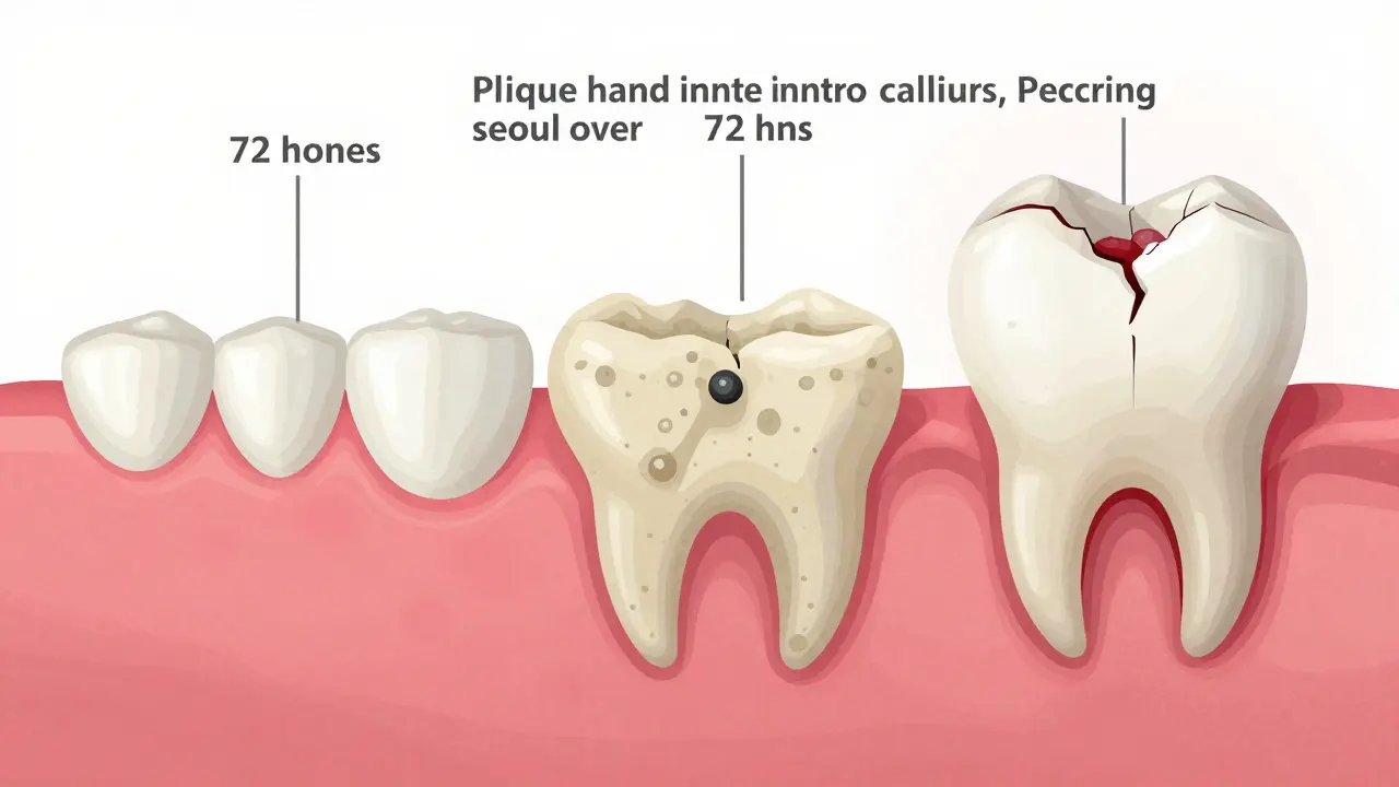 Časová osa vývoje zubního kamene od plaku až po ztrátu zubu.