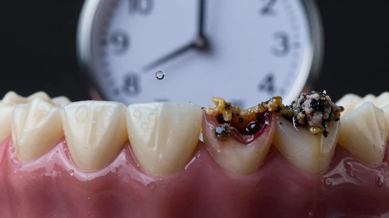 Čistý zub a zub poškozený plakem, oddělené 24hodinovým hodinovým ukazatelem.