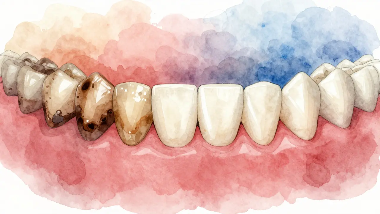 Contrasting images of stained teeth versus clean, bright teeth after professional cleaning.