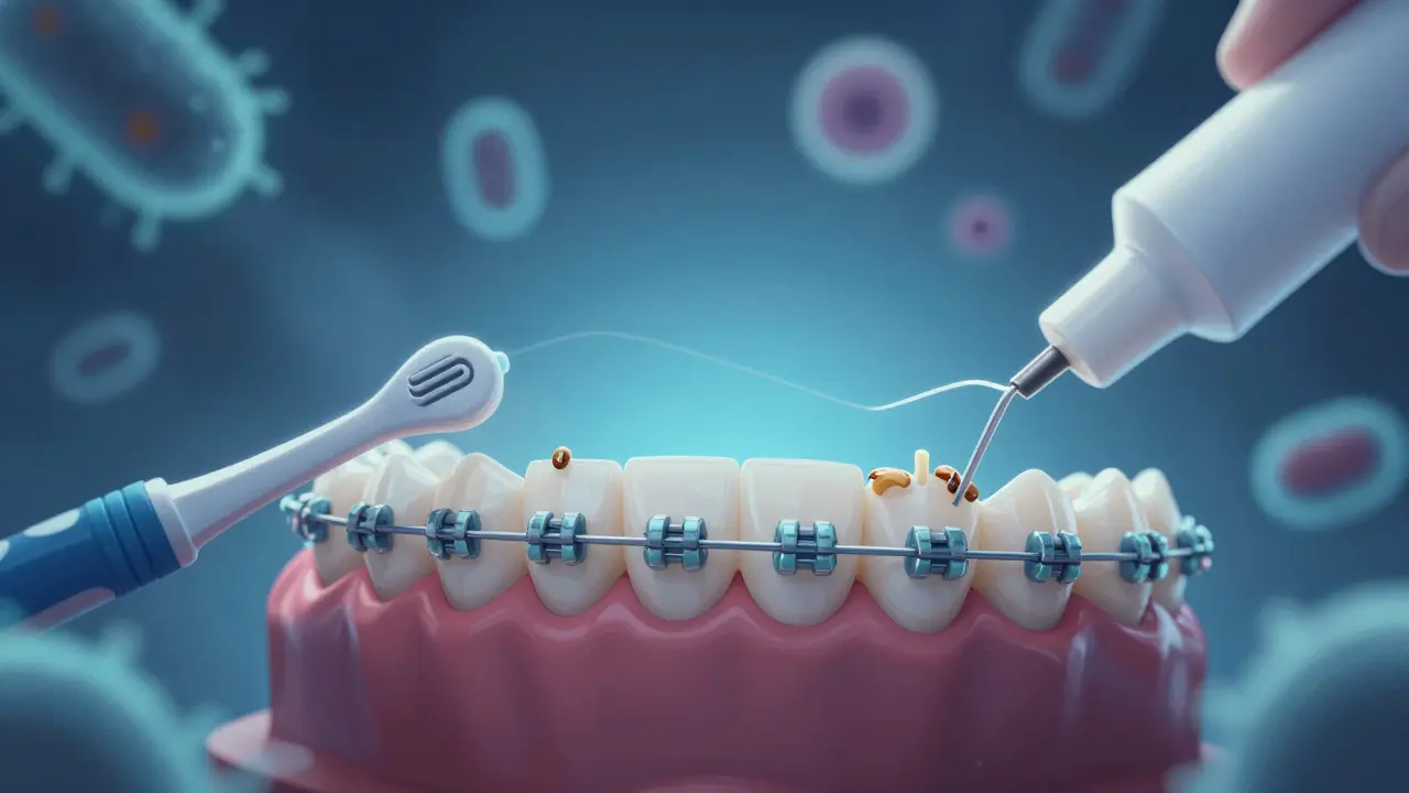 Detailní zobrazení rovnátek s zbytky jídla mezi drátky a zuby, kolem nich speciální čistící nástroje.