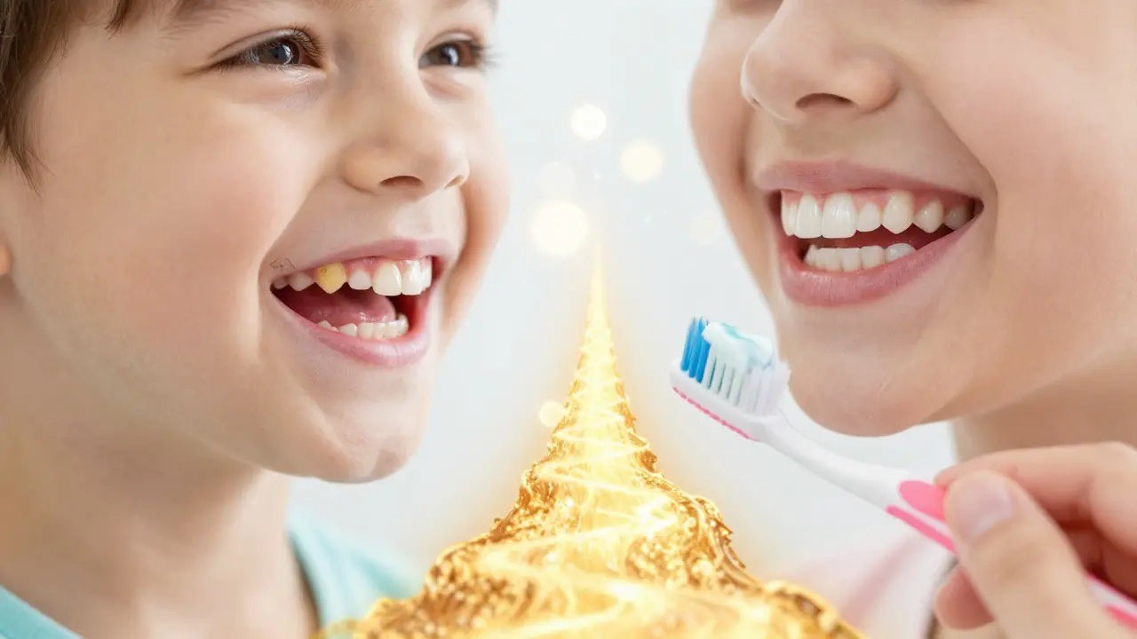 Dítě s čistými zuby v jedné polovině obrazu a poškozenými zuby v druhé, symbolizující prevenci.