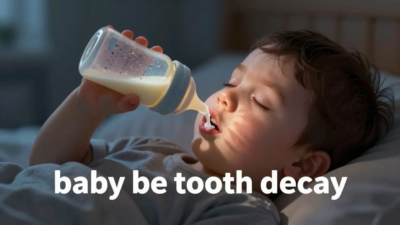 Dítě spí s lahví mléka, která kapá na zuby – symbolický obraz kazu z láhve.