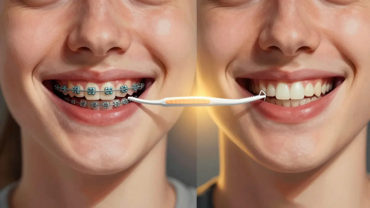 Dvě části úsměvu: jedna s kariesem a zánětem, druhá se zdravými zuby, propojené nástroji pro hygienickou péči.