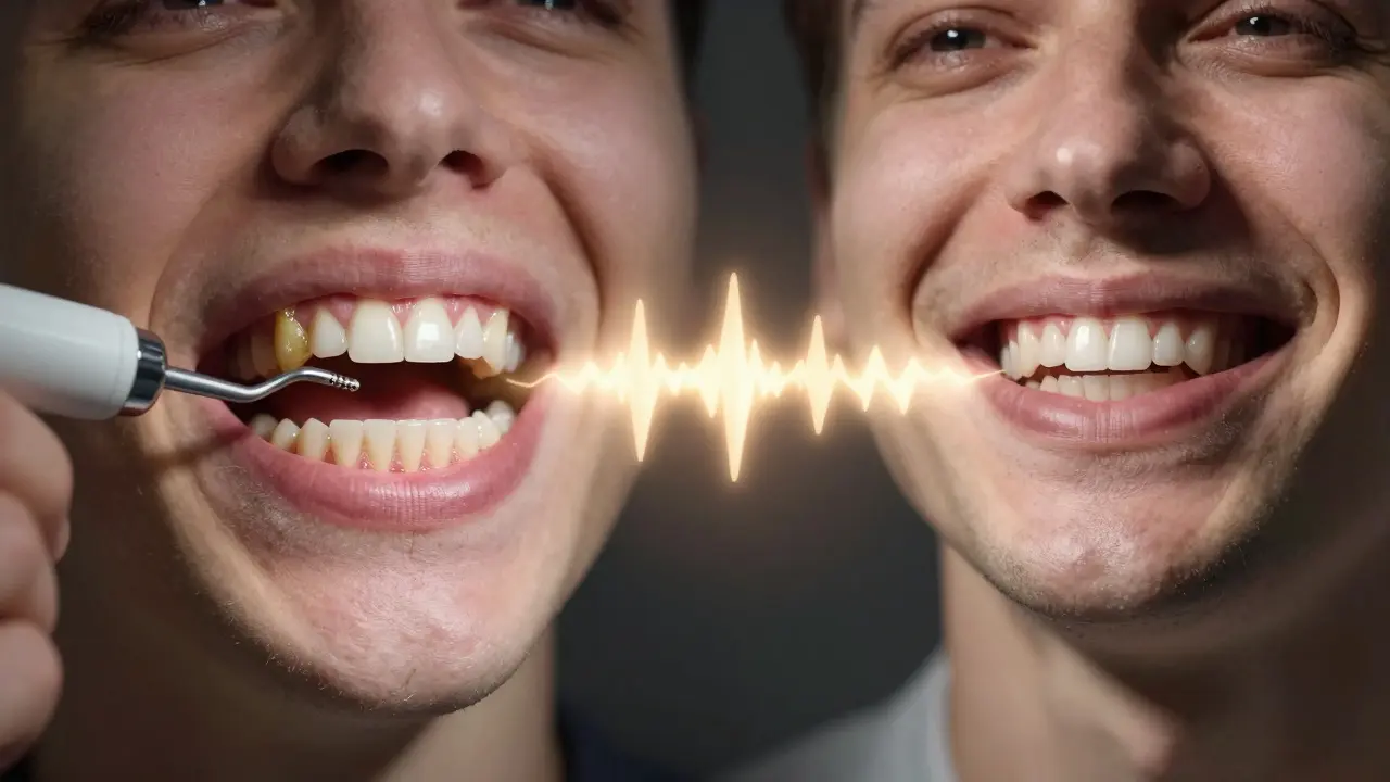 Dvě strany jednoho obrazu: špatná hygiena s kamenem na levé straně, čisté zuby a zdravé dásně na pravé.