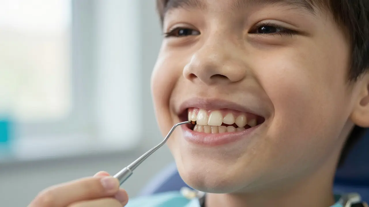 Kontrast mezi zdravým a kazem na dětském zubě s lékařským nástrojem v pozadí.