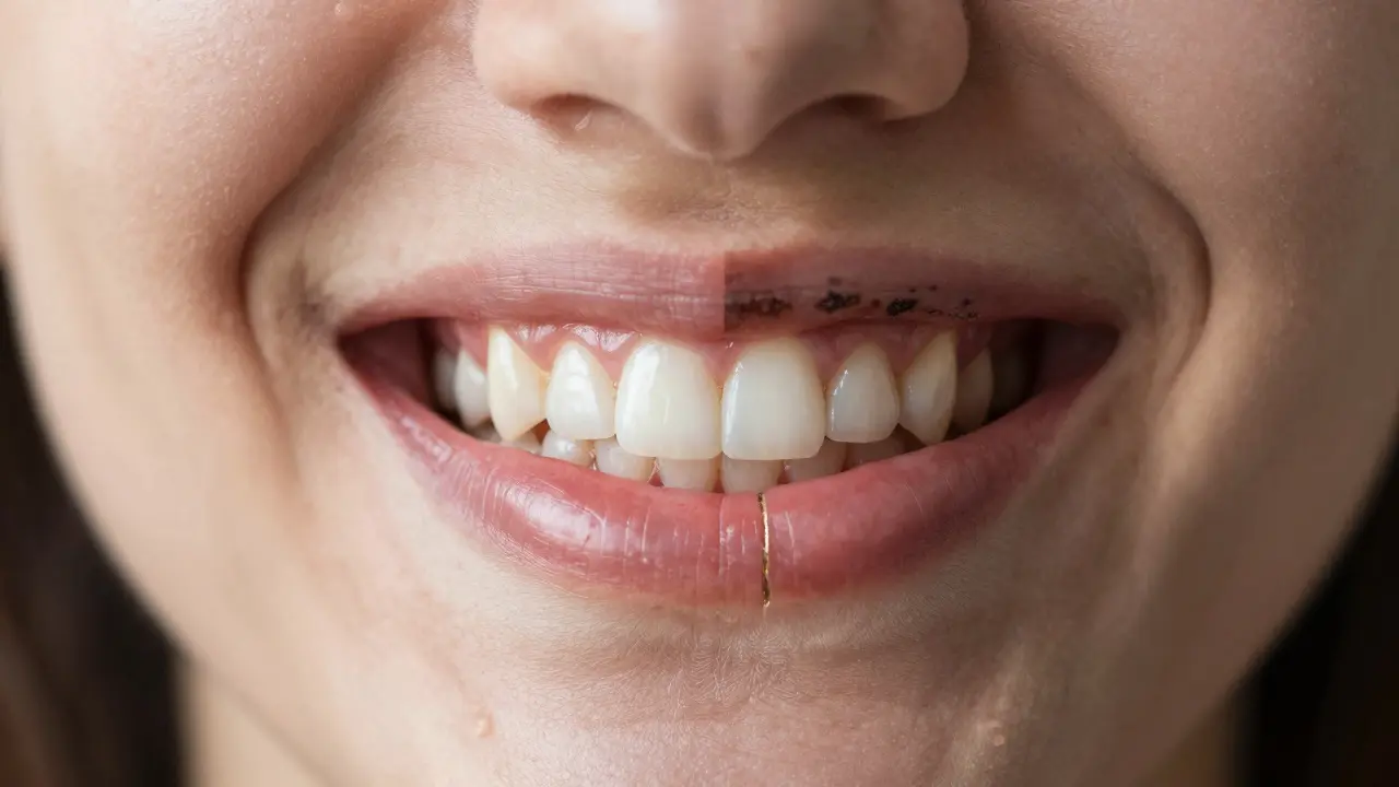 Kontrast mezi zdravým a poškozeným úsměvem s viditelným zubním kamenem.