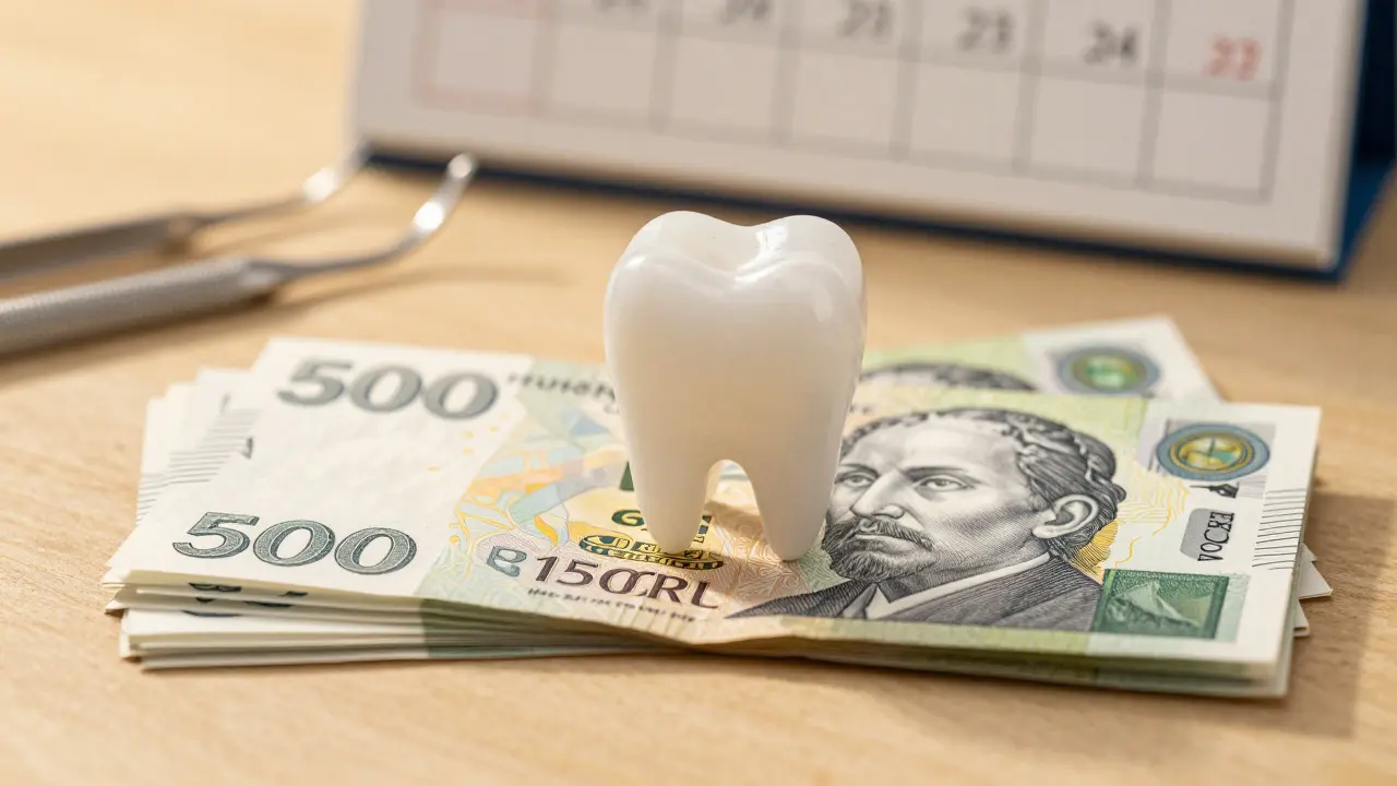 Kupky českých korun vedle zubního tvaru, symbolizující náklady a úspory pískování.