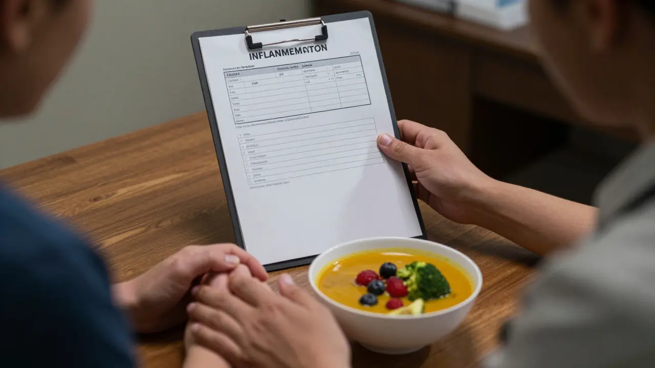 Lékař ukazuje krevní testy pacientovi, který drží zdravou svačinu.