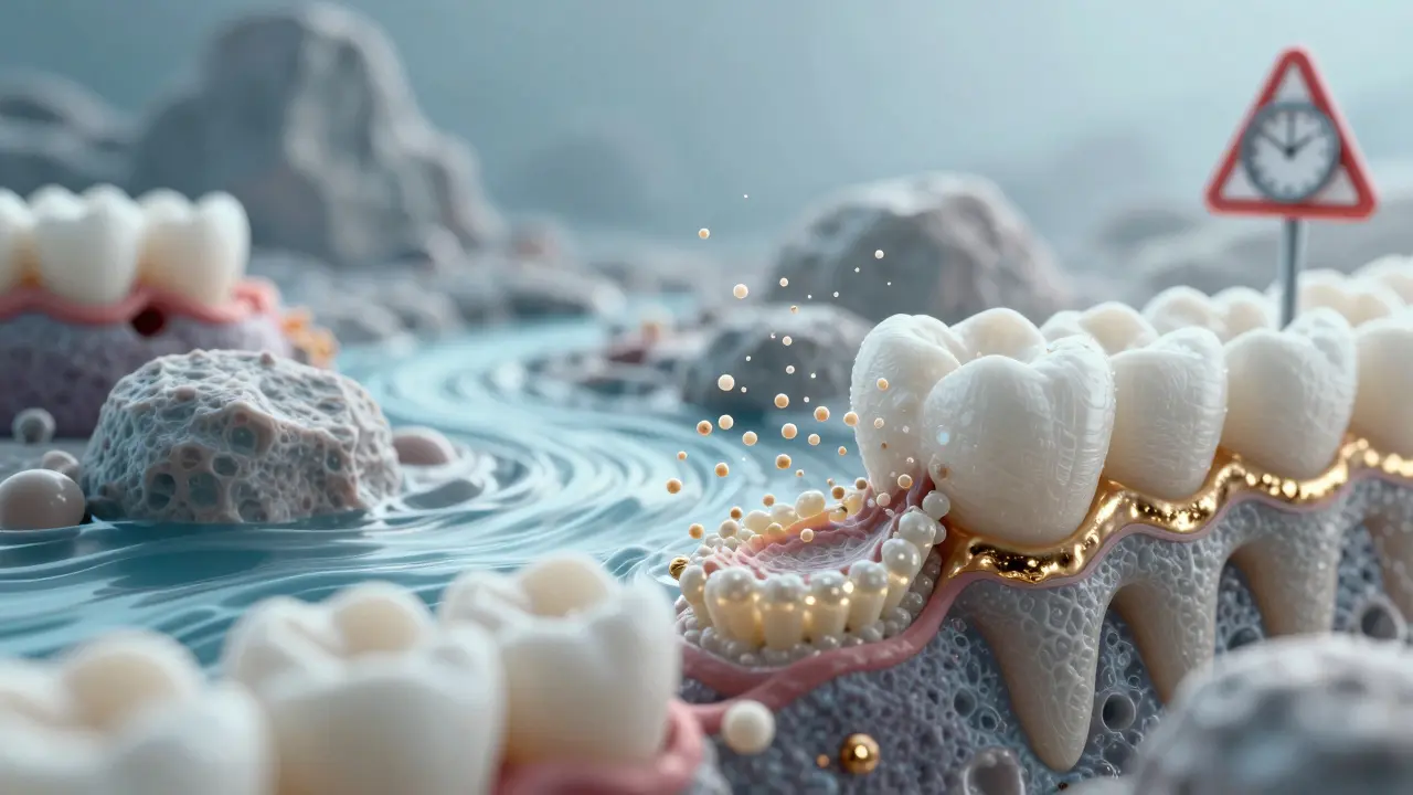 Microscopic view of glycine particles removing stains from tooth enamel with protective layers glowing.