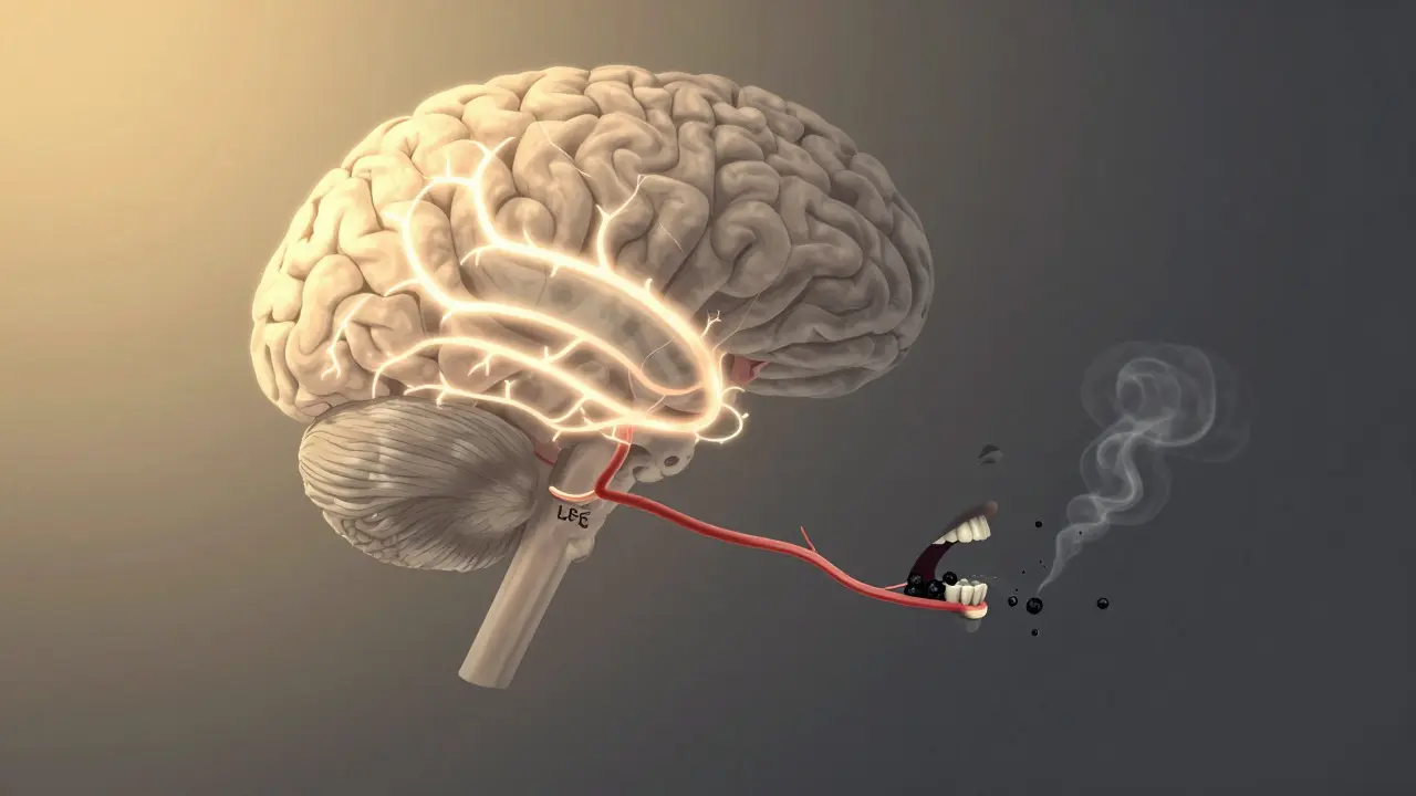 Mozek s jednou polovinou aktivní a druhou zamlženou, propojený s ústy s černým kamenem.