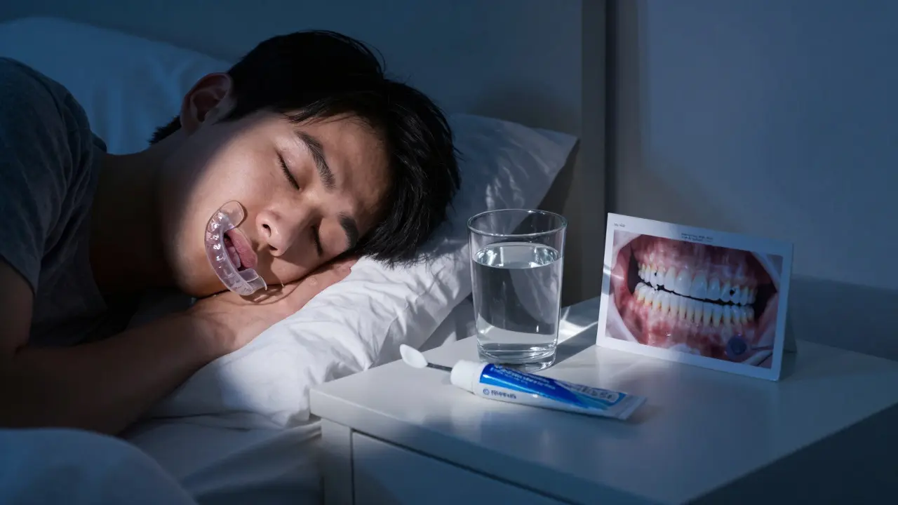 Osoba spí s noční ochrannou deskou, na stole jsou zubní pasta a sklenice vody.