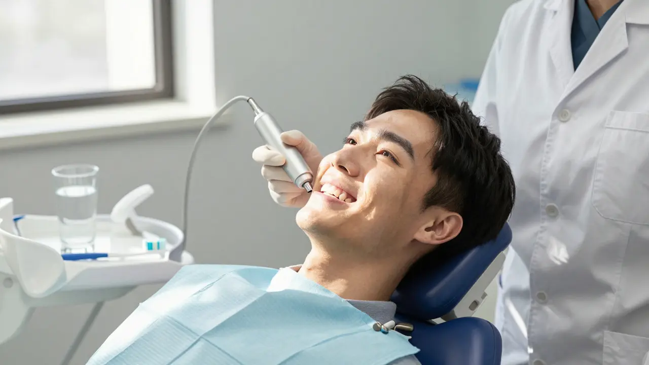 Pacient se širokým úsměvem po odstranění zubního kamene u zubního lékaře.