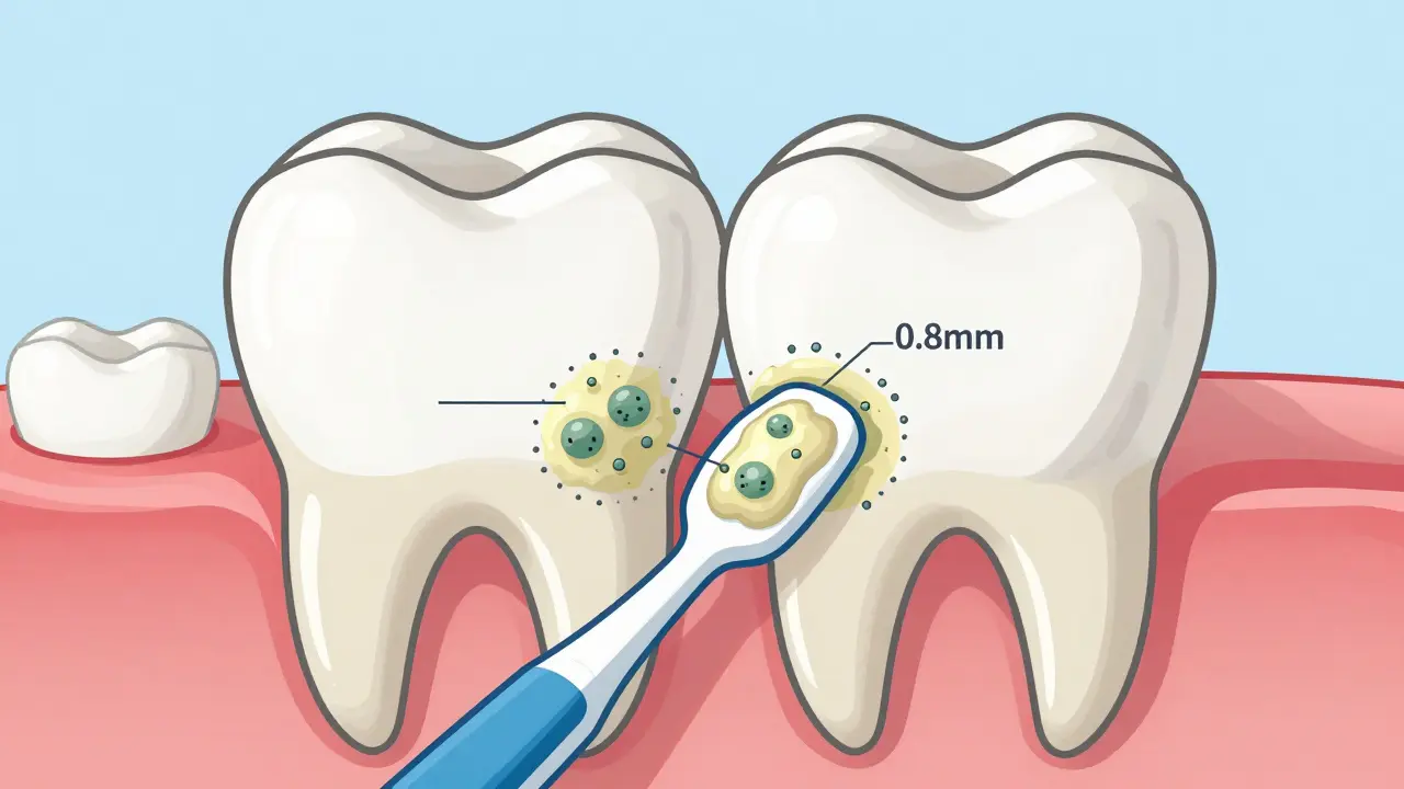 Přehledový náčrt mezizubního prostoru s kartáčkem odstraňujícím plak mezi zuby a bakteriemi.