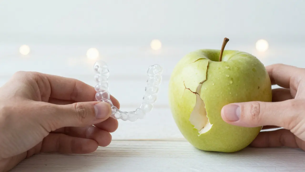 Průhledný ortodontický držák vedle rozdrtěného jablka, symbolizující obnovenou funkci úsměvu.