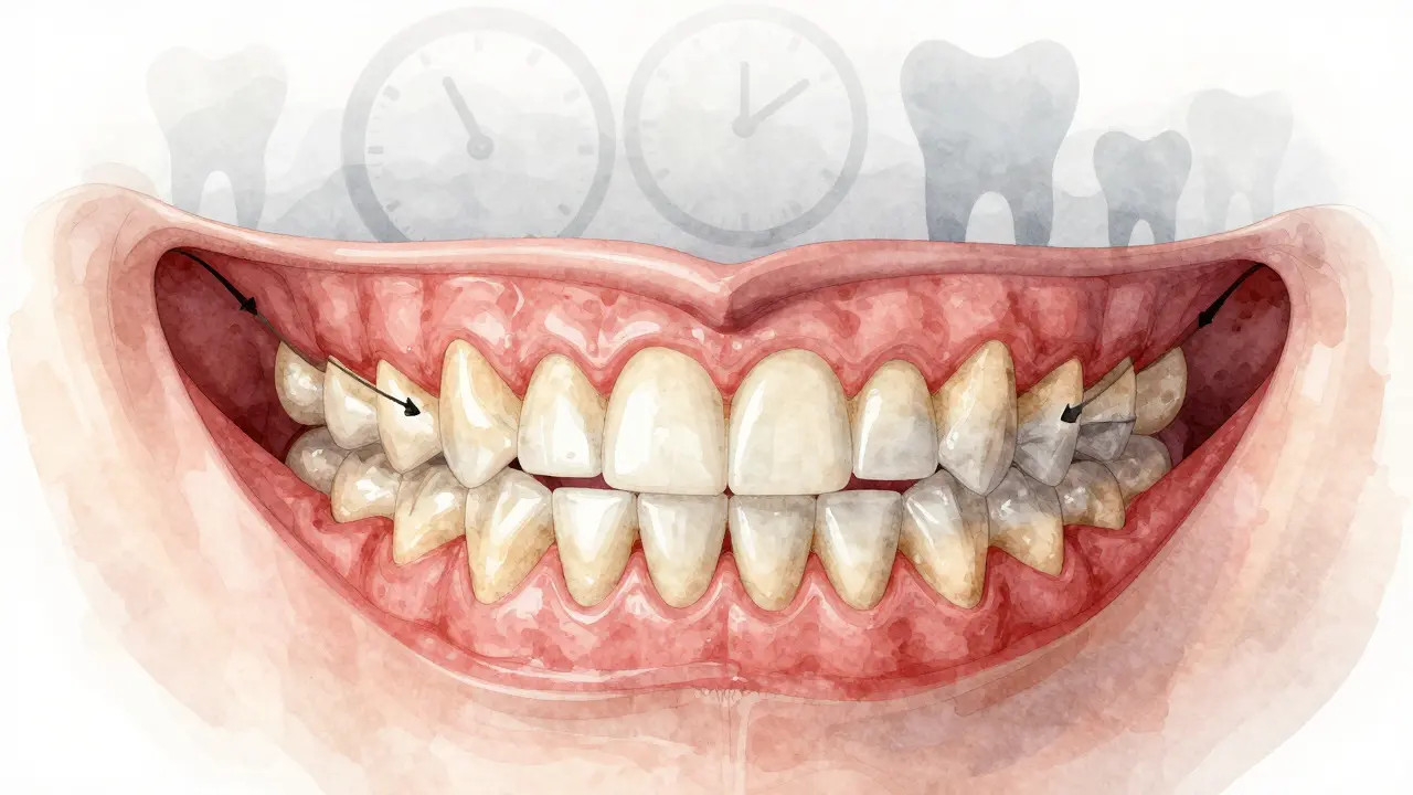 Průřez čelisti s ukázkou nepřirozeného překrytí zubů a opotřebení skloviny.