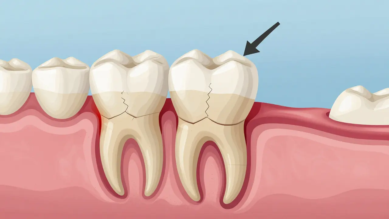 Průřez zubu s uvolněnou korunkou a viditelným rozpadem a zánětem.