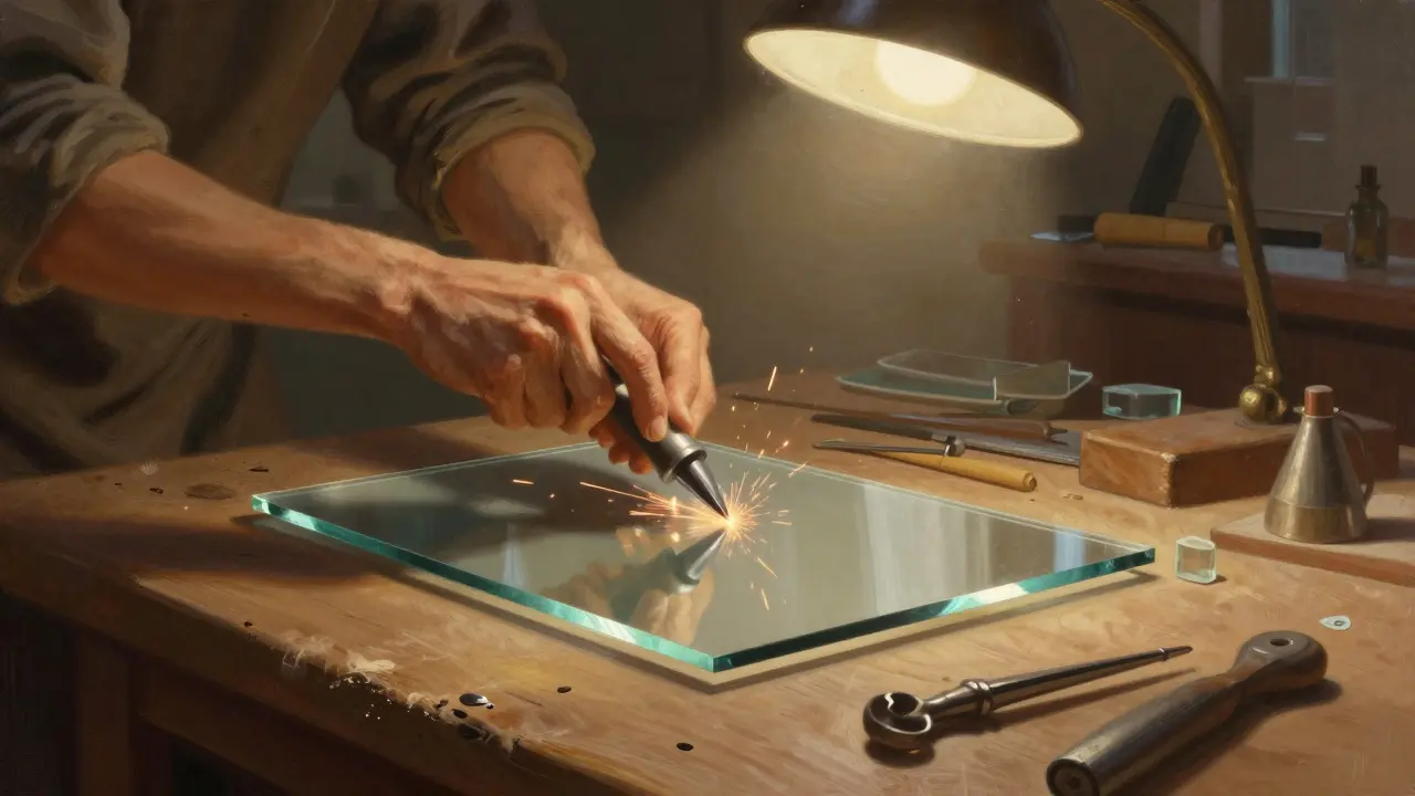 Řemeslník ručně fazetuje sklo v dílně s nástroji a zářivými jiskrami.