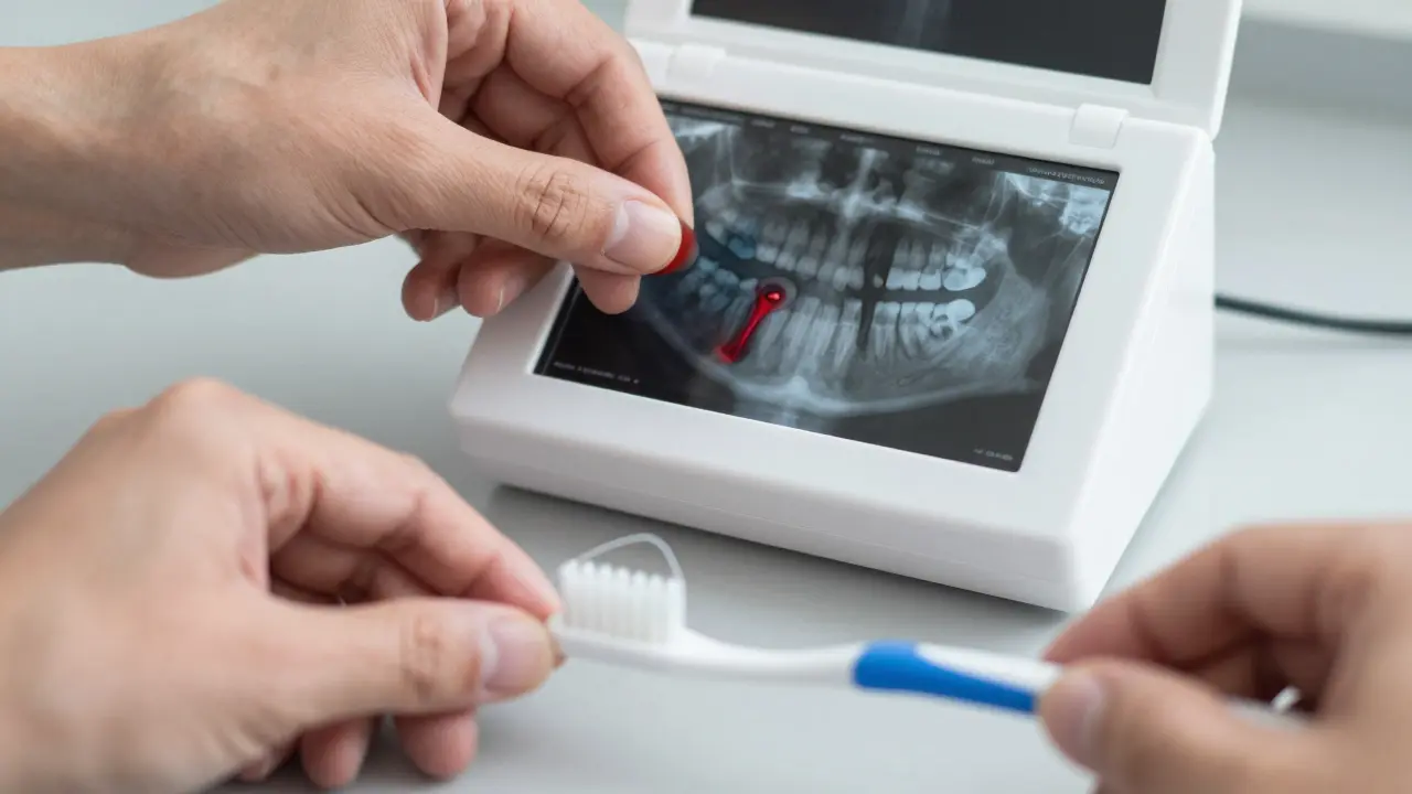 Rentgenový snímek zubu s infekcí a domácí hygienické potřeby na pozadí.