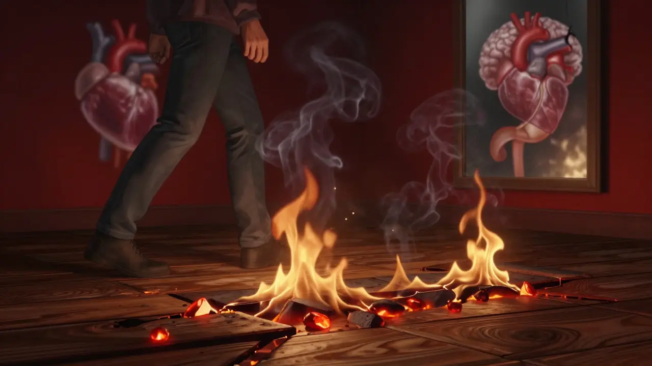 Skrytý oheň pod podlahou vysílá kouř, který tvaruje orgány těla.