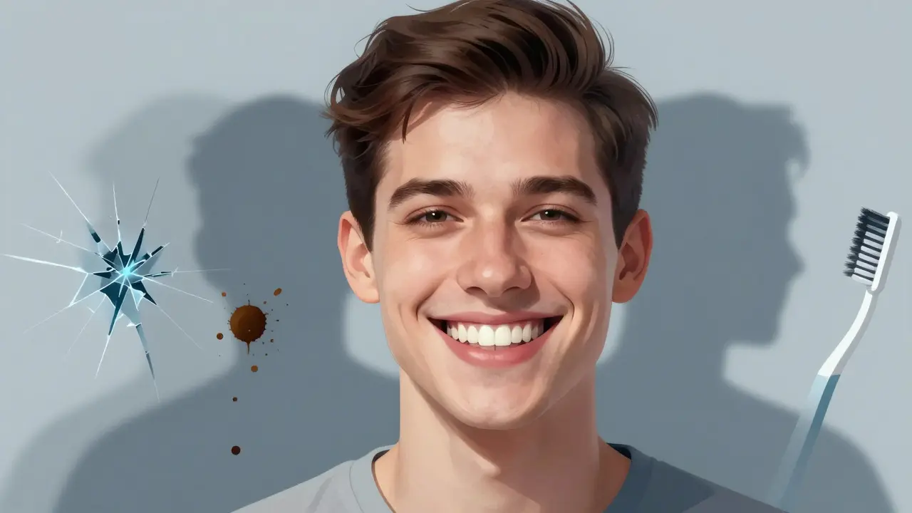 Smiling person with perfect veneers, surrounded by fading symbols of dental risks.