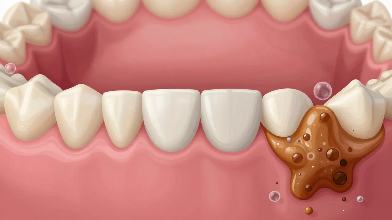 Tři fáze vzniku zubního kamene: plak, mineralizace a tvrdý nános na zubech.