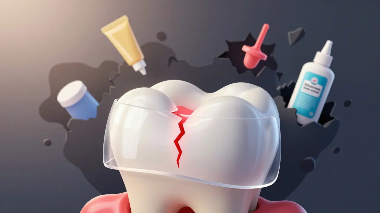 Ulomený zub s červenou škvírou, kterou chrání průhledný vrstva zubního vosku, zatímco nebezpečné látky jsou znázorněny jako stíny.