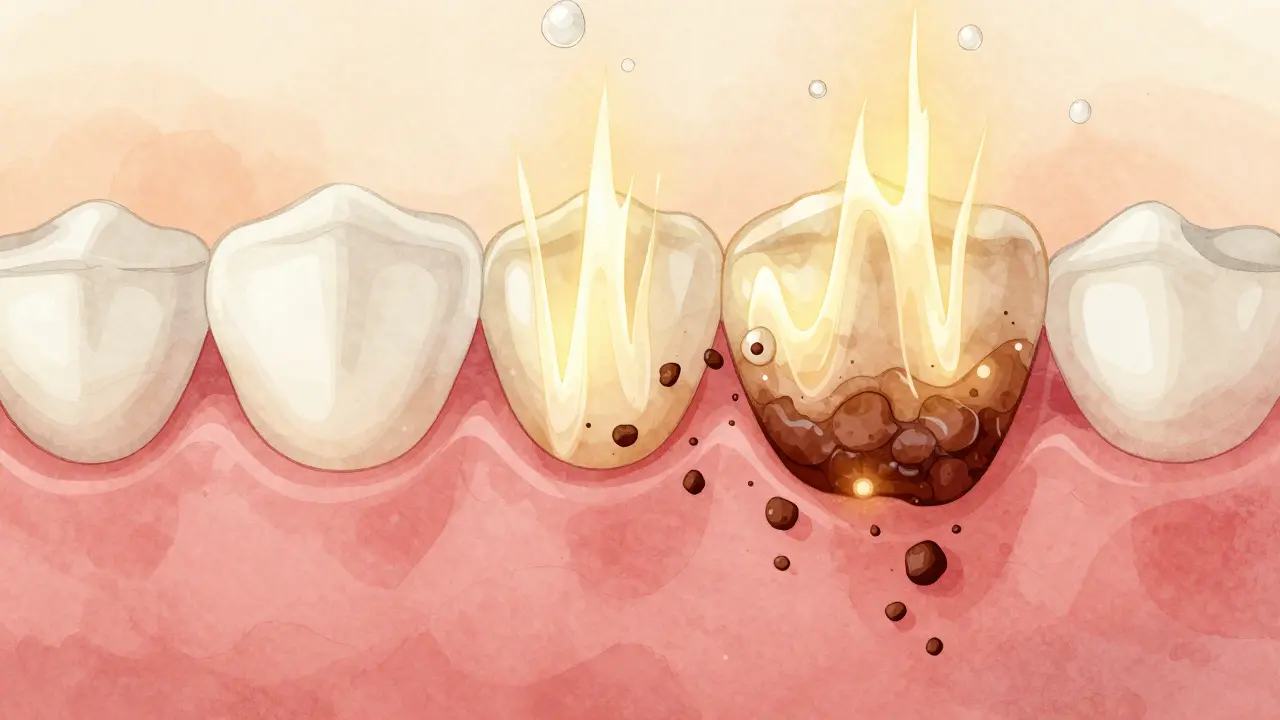 Ultrazvukové vlny rozkládají tmavý zubní kámen pod dásněmi na mikroskopické částice, voda a světlo zdůrazňují čištění.