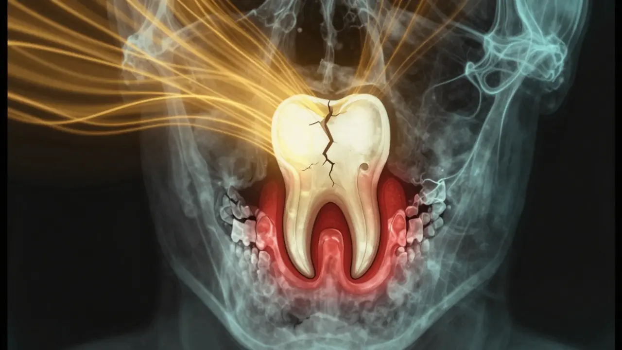 Vnitřní zánět v zubním kořeni viditelný jako zlaté vlny tlaku v čelisti.