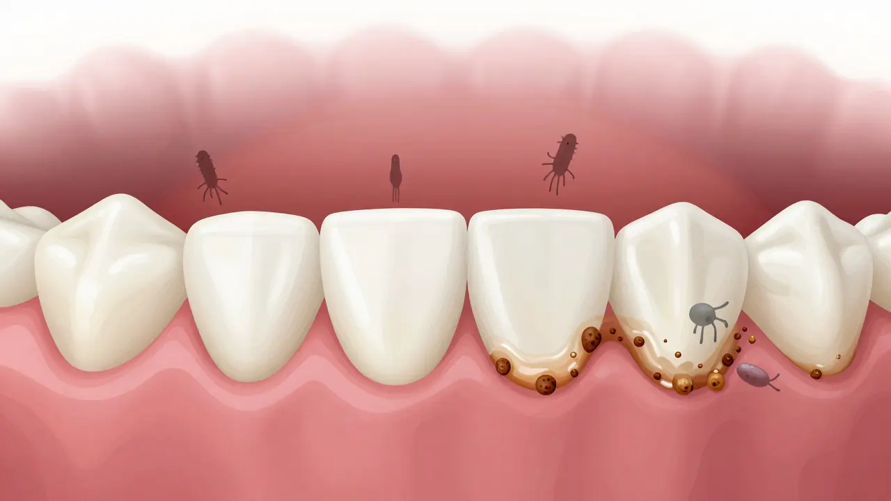 Vývoj plaku na zubech dítěte, jak se mění v tvrdý zubní kámen podél dásní.