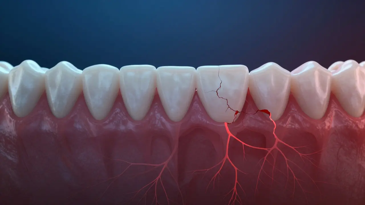 Zdravé dásně přecházejí v poškozenou kost, symbolizující šíření zánětu.