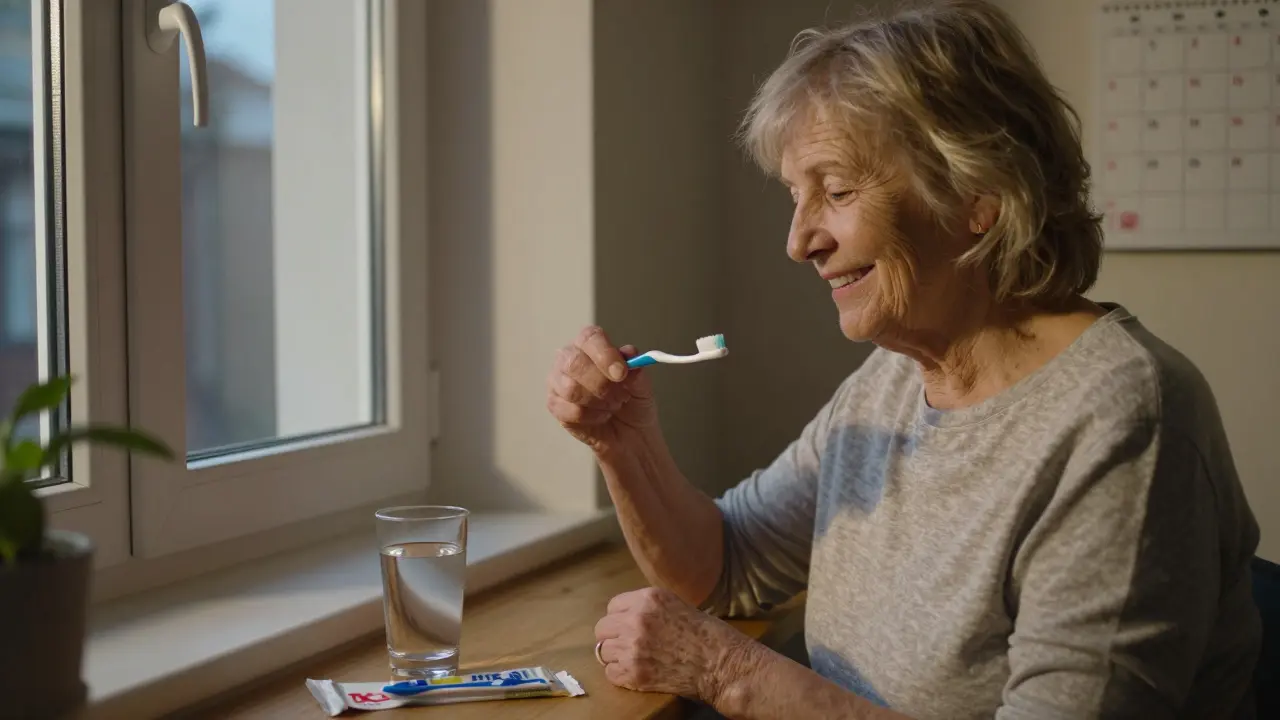 Žena večer čistí mezizubní prostory s implantátem, vedle ní balení kartáčků a kalendář s označenými dny.