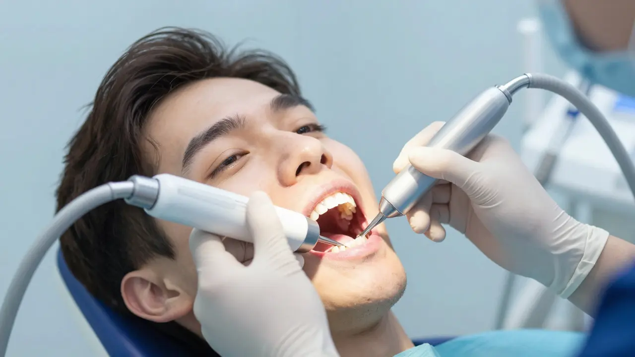 Zubař odstraňuje zubní kámen pomocí ultrazvukového nástroje.