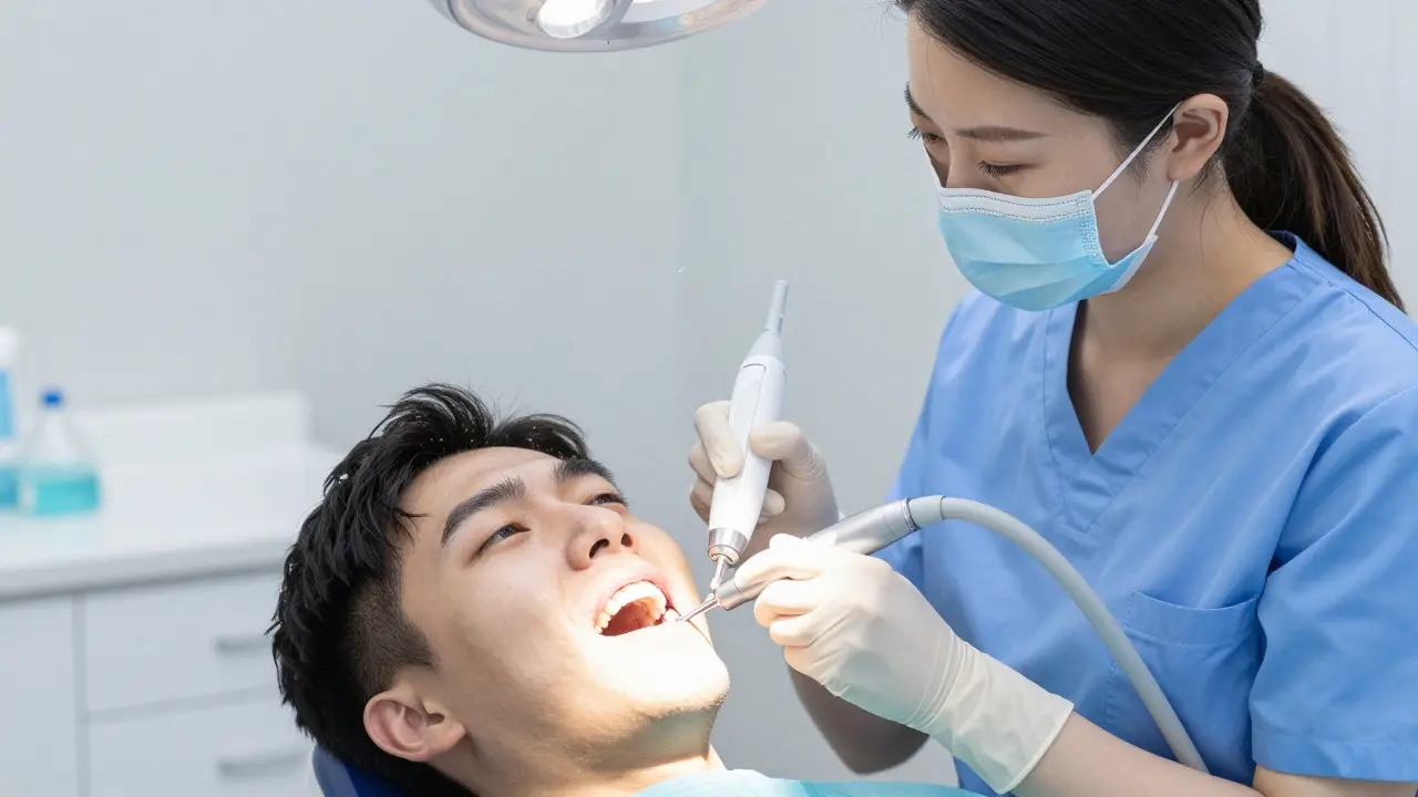 Zubní hygienička odstraňuje kámen ultrazvukovým nástrojem v ordinaci.