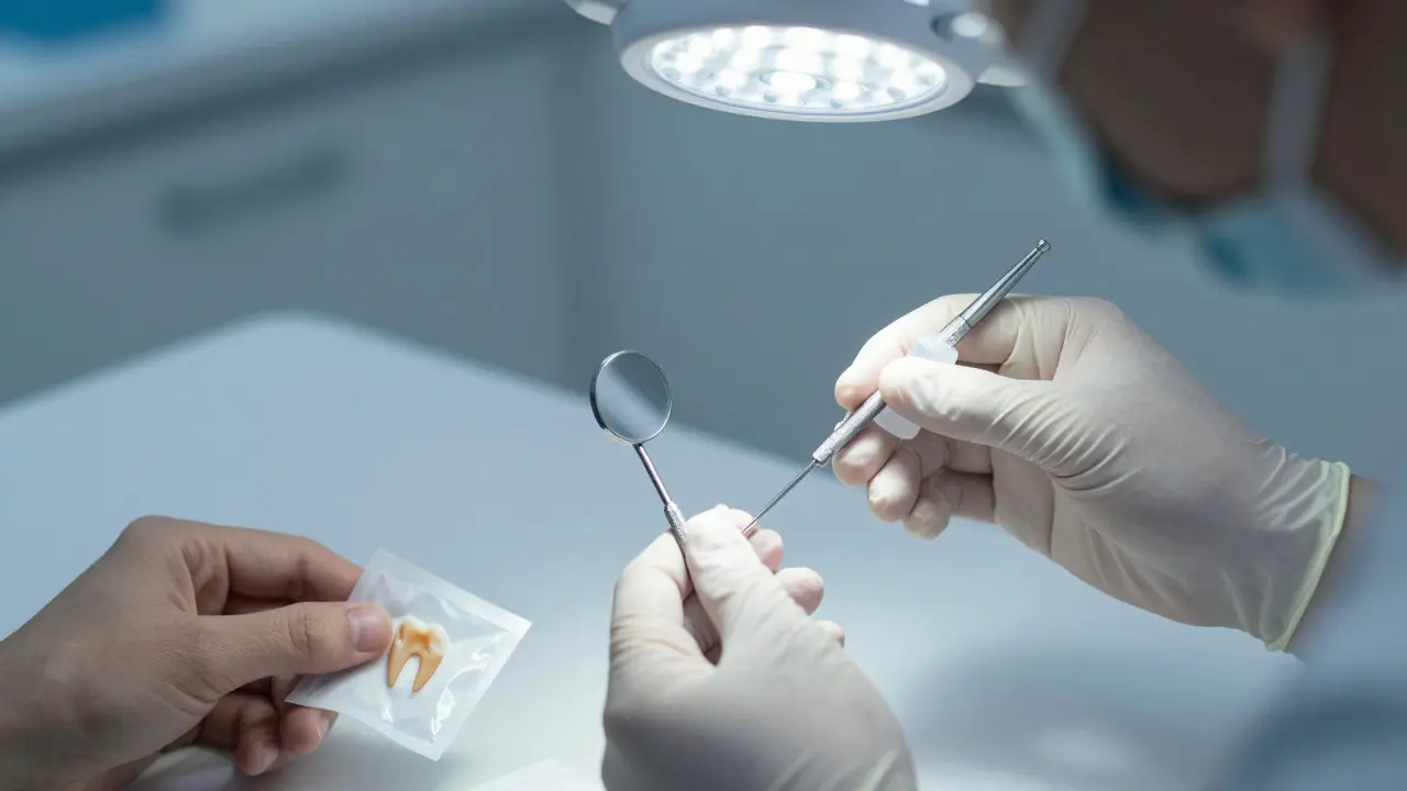 Zubní lékař prohlíží ulomený zub pod světelným zdrojem, na stole leží kousek zubu a zubní vosk.