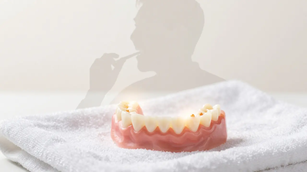 Zubní protéza s malými kuličkami lepidla na čisté látce, symbolizující pevné udržení.