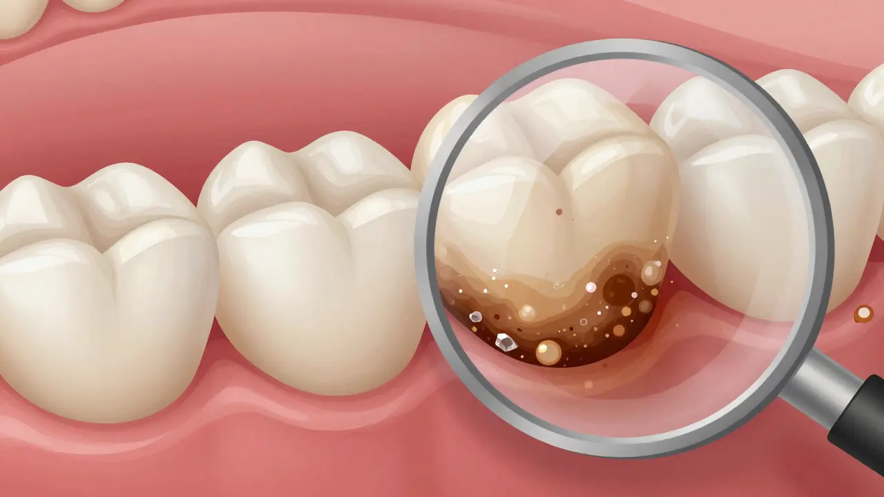 Zvětšený pohled na zubní sklovinu s nárostem zubního kamene z kávy a tabáku.