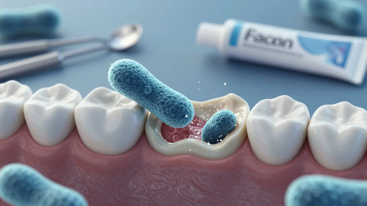 Bakterie na zubech rozkládají cukr a kyselina eroduje sklovinku, fluorid ji posiluje.