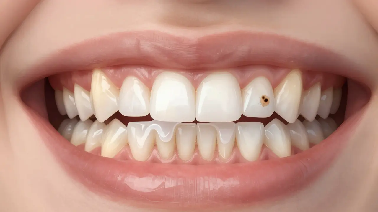 Close-up of teeth with varying shades, showing stains and natural enamel during professional whitening.