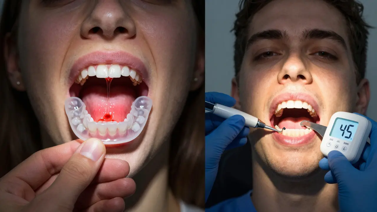 Comparison of at-home and professional teeth whitening methods with visible gum irritation vs. precise protection