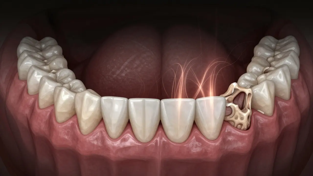 Conceptual image showing balanced vs. unbalanced pressure on dental prosthetics affecting jaw health.