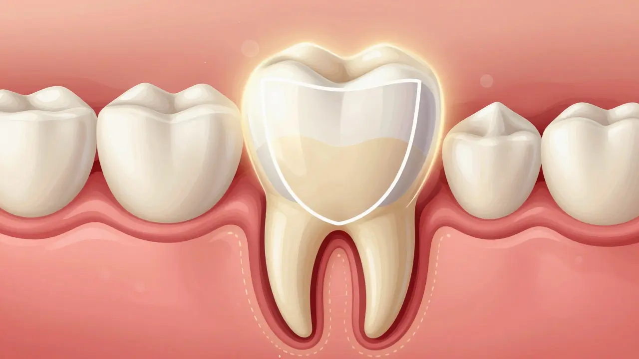 Cross-section of a tooth protected by a thin veneer and remineralizing layers.