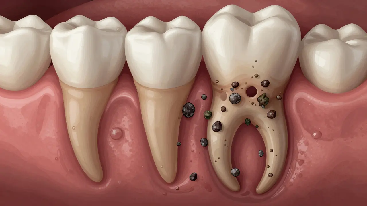 Cross-section of gum tissue showing dark calculus deposits on tooth roots and eroding bone structure beneath.