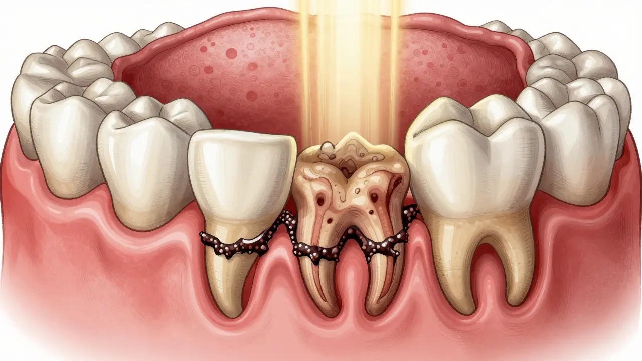 Cross-section of jaw showing dark subgingival calculus and inflamed gum tissue receding from tooth root.