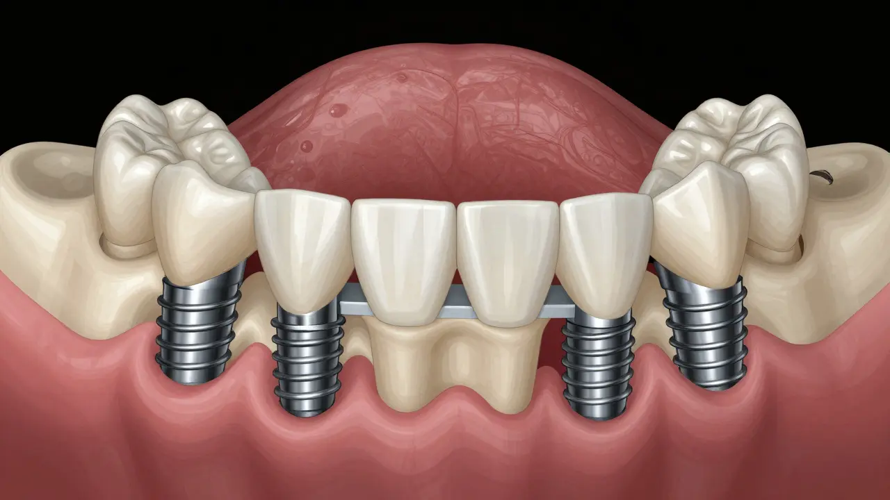 Cross-sectional view of All-on-4 dental implants with zirconia bridge anchored in jawbone.
