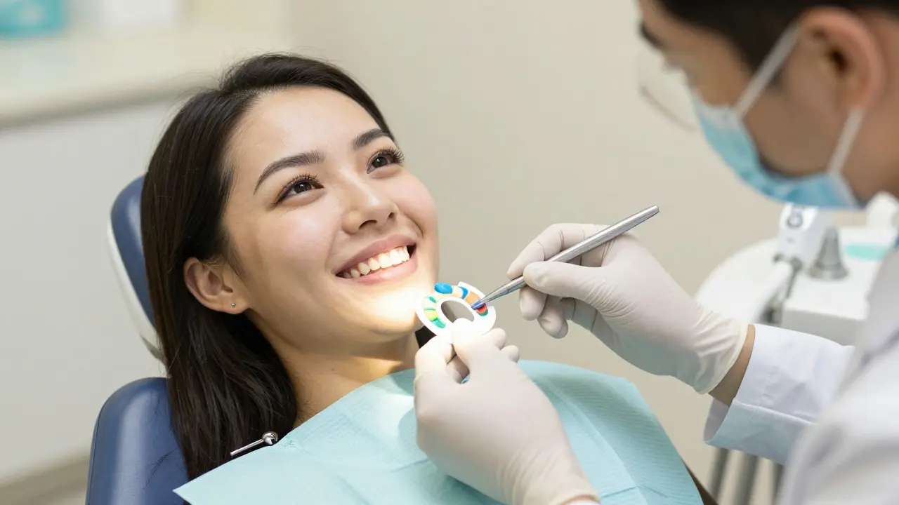 Dentist checking fit of dental prosthesis using colored occlusion paper to identify pressure points.