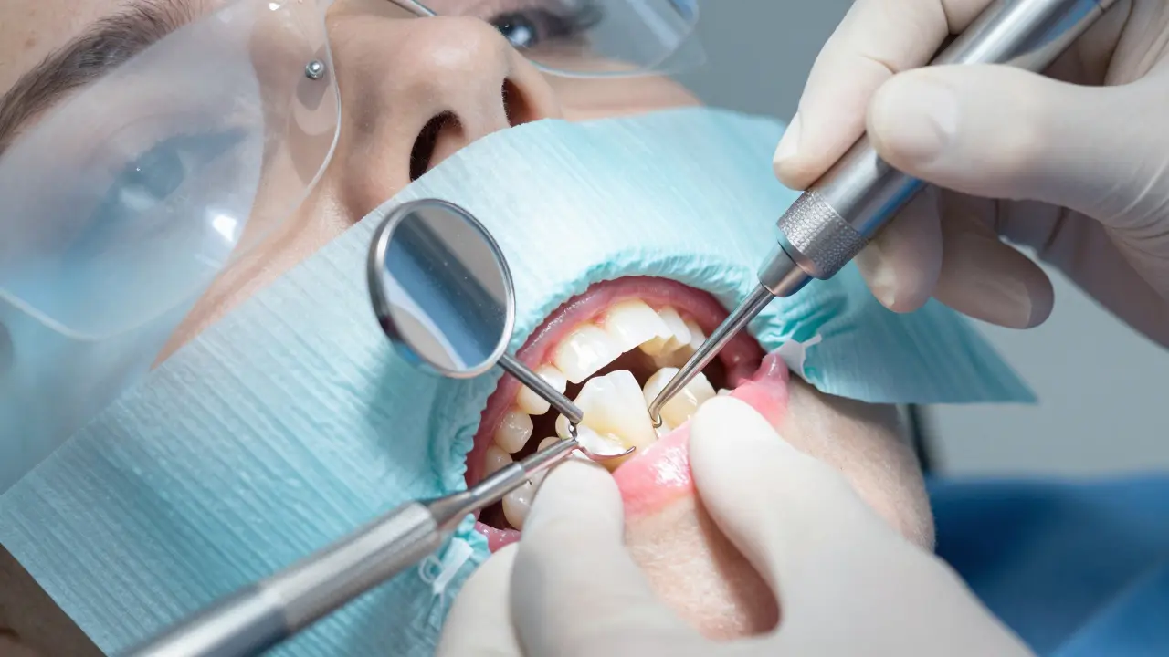 Dentista připravuje zub pro fazety s vrtákem v ordinaci.